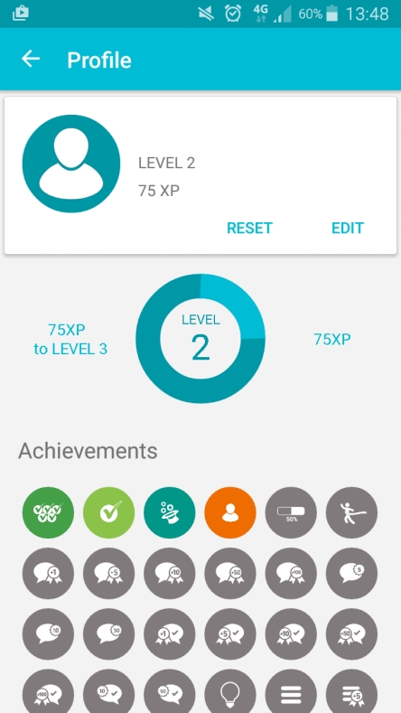 Badges systeem in SoloLearn; een app waarin je kunt leren programmeren.